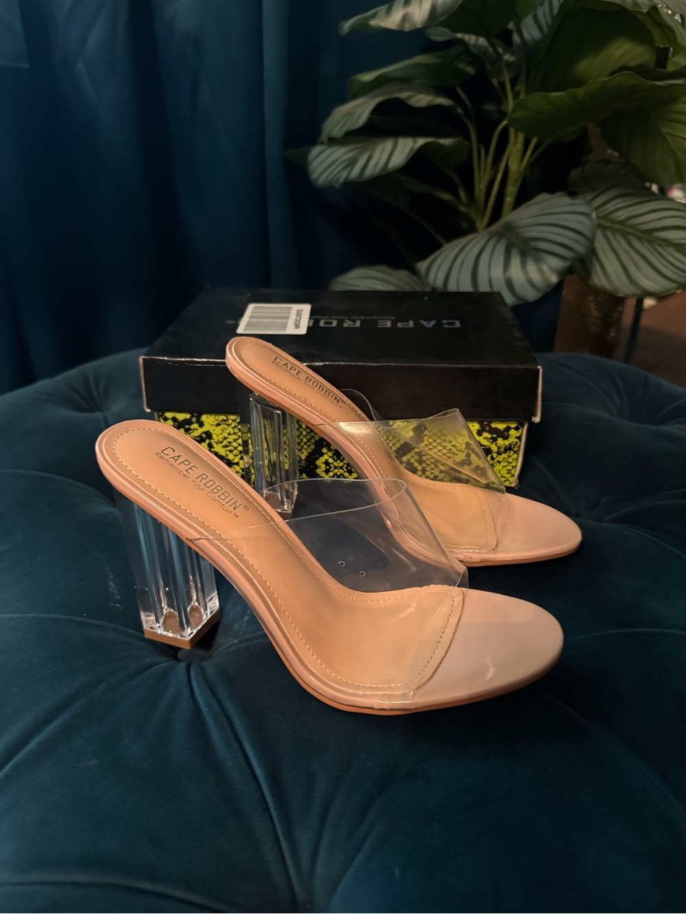 Cape Robbin Nude and Clear Mule with Acrylic Block Heel